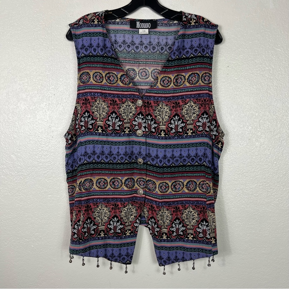 Vintage Modiano Boho Multicolor pattern Vest jingle bell hem size 14 Large